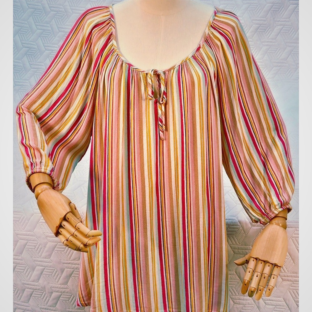 Lane Bryant Peasant Top Womens 18/20 Pink Orange Striped Boho Rayon Long Sleeve